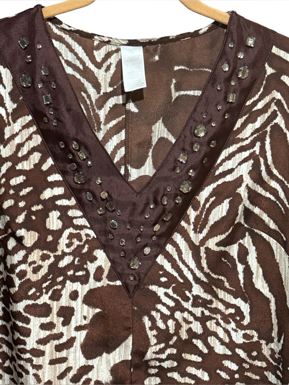 Vintage AVON Animal Print V-Neck Tunic M 20” p2p Brown/White EUC - Picture 3 of 11
